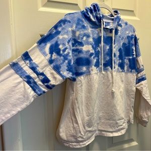 Popular Small Blue Tie Dye Long Sleeve Hoodie with Stripes